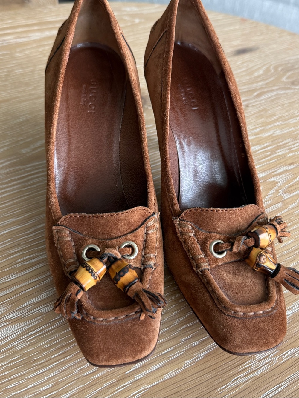 Gucci Brown Suede Tassel Loafers with Wooden Bead Detail